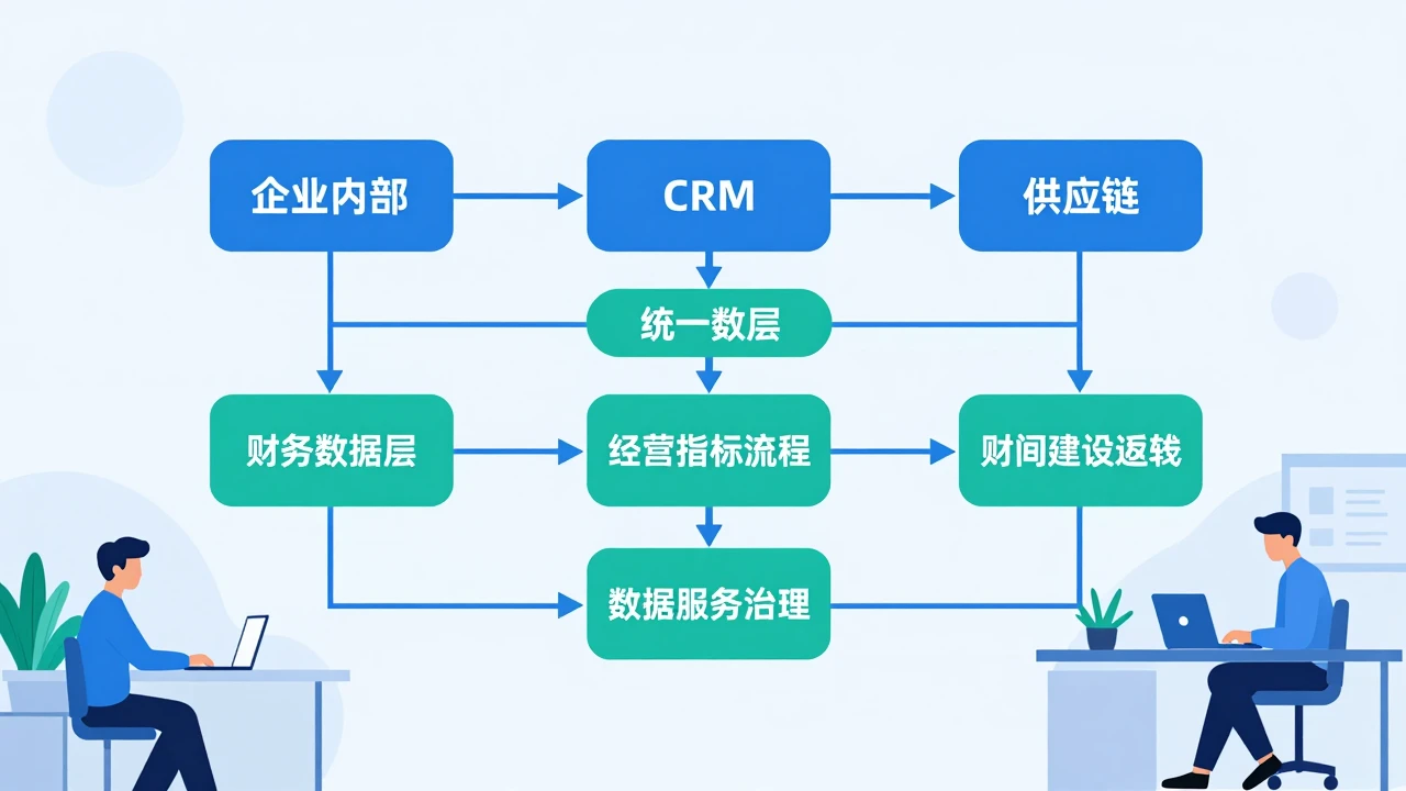 ERP、CRM、供应链和财务系统通过数据平台协同连接的示意图