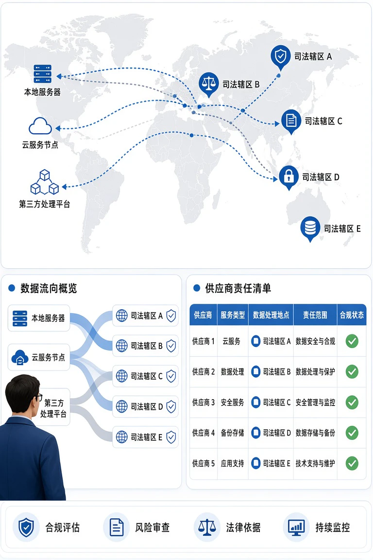 数据跨境流动中自建、云服务与第三方处理的责任评估示意图