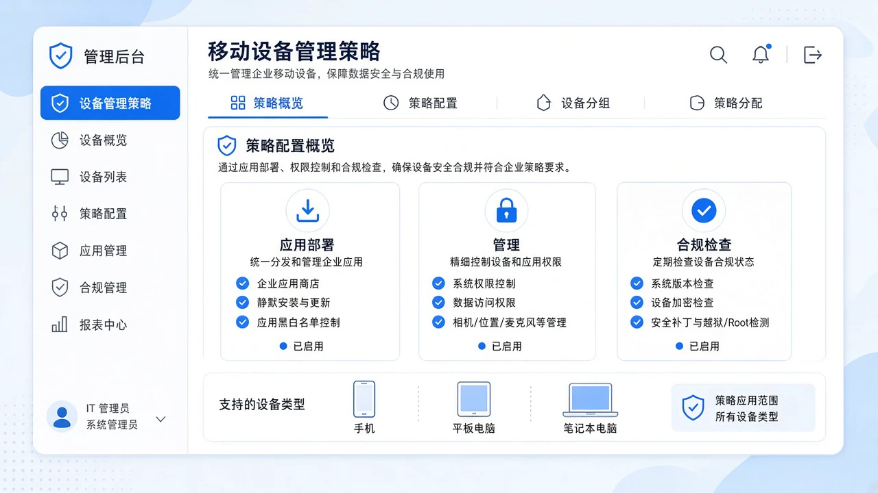 企业移动应用分发与设备管理规则变化:IT团队需要复核哪些部署环节 1 企业移动设备管理策略复核示意